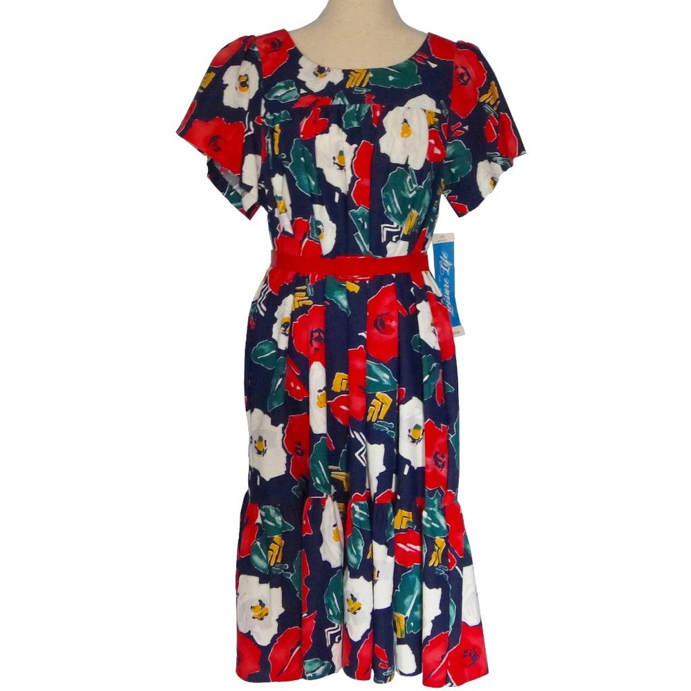 Vintage 70s 80s Hawaiian Tiered Flutter Sleeve Dress, Leisure Life, NWT, Sz Med